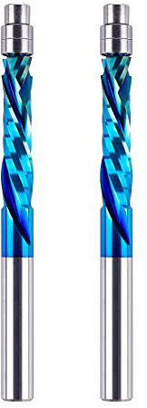 BITITZ 2PCS Sprial Flush Trim Router Bit Compression Cutting with Coating 1/4 Shank 1-1/8 Cutting Length Up Down Carbide Mill for WoodworkTemplate