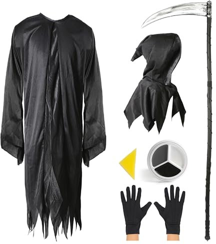 Costume d'Halloween pour enfant de la faucheuse – 10–12 ans – Robe noire + faux de 134 cm + gants – Ensemble de faucheuse mort pour garçon | Taille L