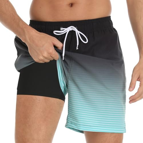 Bañador Hombre Secado Rápido con Bolsillo, Pantalones Cortos de Natación 2 en 1 con Forro de Compresión, Bañadores Deportivos para Playa, Piscina y Entrenamiento, V0 Degradado Verde Rayas, M