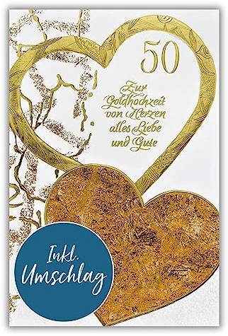 bsb Karte zur Goldenen Hochzeit - liebevolle Geschenke zur goldenen Hochzeit mit Herz-Motiv - Karte zur Goldhochzeit mit Umschlag - Hochzeitstag - Karte in 11,5 x 17,0 cm