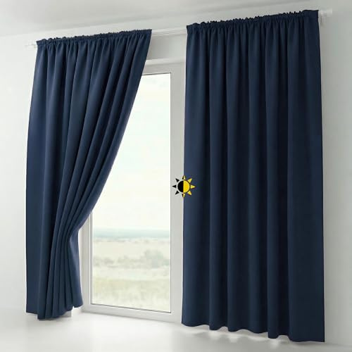 BEAUTEX 2er Set Kräuselband Verdunkelungsvorhang mit U-Band, Gardinen abdunkelnd und Blickdicht (B=140 cm, H=225 cm, Navyblau)