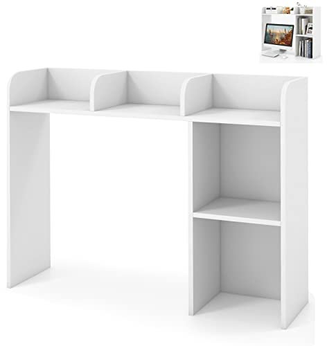SFAREST Desktop Bookshelf, Wooden Desk Storage Organizer Display Shelf Rack with 4 Shelves & Open Compartment, Freestanding Wood Countertop Bookcase for Home Office (White)