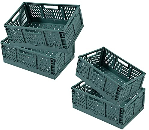 Klappboxen Faltbar Stabil, 4 Stück Klappboxen mit Tragegriff zum Einfachen Transport, 30,5 * 20,3 * 12,5 cm, Klappkiste Geeignet für Büro, Schlafzimmer, Badezimmer, Raum Aufgeräumt zu Halten, Grün