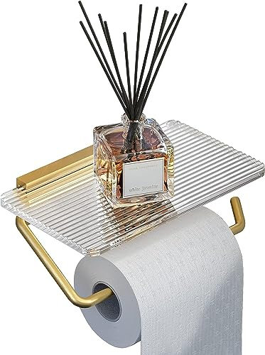 Toilet Paper Holder with Mobile Phone Storage Shelf Acrylic Aluminum Toilet Roll Holder Modern Wipes Dispense Wall Mounted Tissue Roll Holder for Bathroom Kitchen Washroom