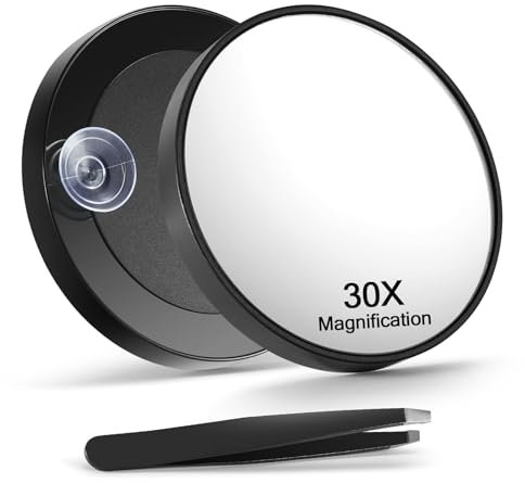 Macaki Spiegel mit 30-facher Vergrößerung und 2 Saugnäpfen, 8,9 cm vergrößerter Make-up-Spiegel und schräge Pinzette, Schwarz, 1 Stück