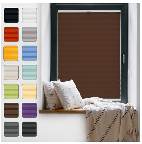 Fenster Plissee ohne Bohren zum Kleben Innenrahmen - Thermo Plisseerollo Innen - Rollo Jalousie, Halterungen auf Rahmen, Faltrollo, Sichtschutz, Blickdicht, für Fenster & Tür - Braun, 105 x 200 cm