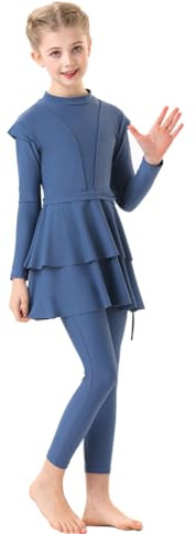 IMEKIS Kinder M�dchen Muslimische Bademode Langarm Burkini mit Hijab Volle Abdeckung Rash Guard Badeanzug 3tlg R�schen Tankini Set Sommer Badebekleidung Dunkelblau 6-7 Jahre
