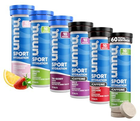 Nuun Sport + Tabletas de electrolitos de cafeína, solubles en agua, paquete variado, 5 electrolitos esenciales para hidratación, mezcla de bebida de azúcar de 1 g, veganas, sin OMG, paquete de 6 (60