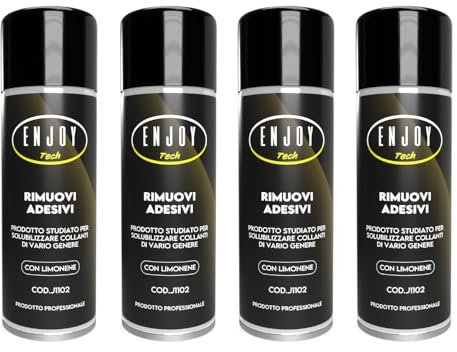 ENJOY TECH - Spray Rimuovi Etichette 4x500ml | Rimuove Adesivi, Colla e Residui da Vetro, Plastica, Metallo e Legno | Sicuro su Superfici, Non Lascia Aloni | Formula Professionale Made in Italy
