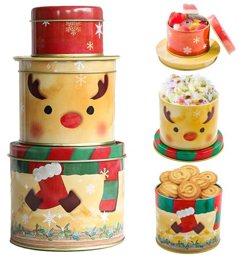 SHOWHEEL 3er Set Keksdosen für Weihnachten,Keksdosen Set, Plätzchendose Metall,Dreistöckige Gebäckdosen,Vorratsdosen für Süßigkeiten Schokolade Cookies zu Winter Advent Weihnachten