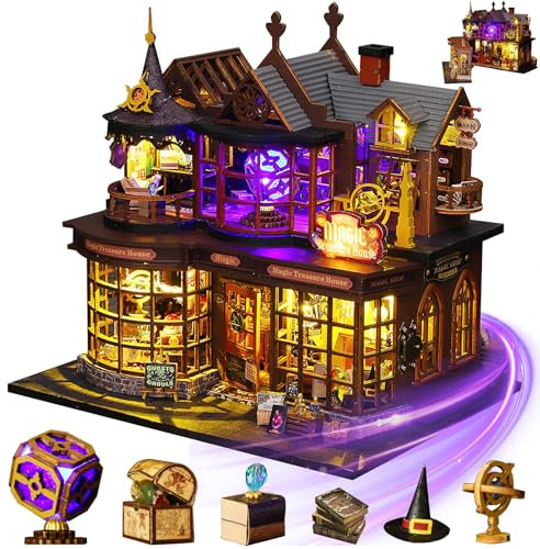 Mostop Casetta in miniatura fai da te, in legno, in miniatura, con luce LED, idea creativa per adulti, magica casa fai da te (Magic Treasure)