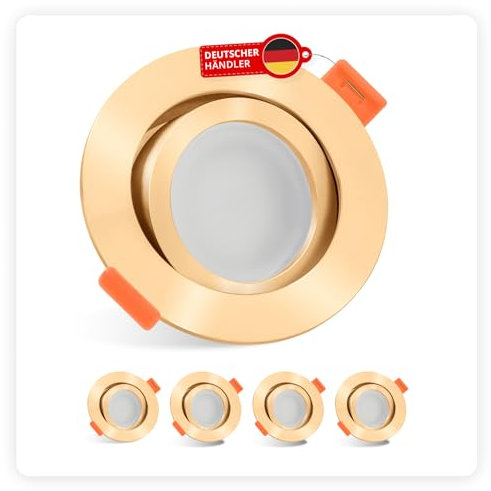 luxvenum LED Einbaustrahler 230V 7W - 5x dimmbare LED Deckenleuchte extra flach nur 25mm, 120° Abstrahlwinkel, 90 CRI Farbwiedergabe, Deckenspots für Flur, Wohnzimmer, Küche, Farbe Gold, 4000K