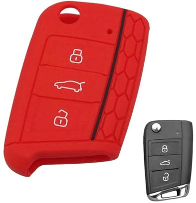 XEBRAD 3 Buttons Flip Key Silicone Cover Fob Hull, for VW, for Golf, 7 MK7, for Skoda, for Octavia, COMBI, for Seat, LEON, IBIZA, CUPTRA car key shell(Red)