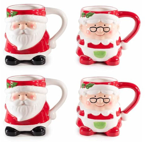 Gruppo Maruccia - Tazze da Colazione in Ceramica a Forma di Babbo e Mamma Natale - Set da 4 Mug da Colazione