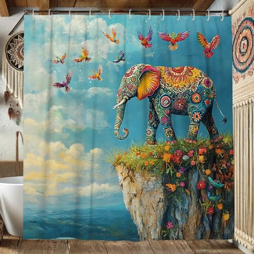 Duschvorhang mit buntem Elefant, lebendiges Blau und mehrfarbig, Wildtier-Badedekoration, Herbst-Winter, böhmische Kunst für Badezimmer, wasserdichtes Stoff-Duschvorhang-Set mit Haken, 157 x 183 cm