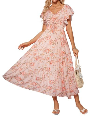 GRACE KARIN Robe longue élégante pour femme avec manches à volants, col en V, coupe trapèze, robe d'été, avec poches, Motif fleurs - Rose, L