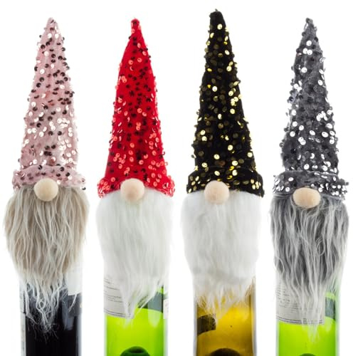 MISNODE 4 PCS Christmas Gnome Wine Bottle Covers, Handmade Swedish Gnomes Wine Bottle Toppers, Glitter Sequin Hat Handmade Tomte Swedish Gnomes Wine Bottle Toppers Decor