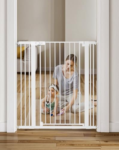 COMOMY 107 cm Extra Hoch Türschutzgitter, 75-103 cm Breit Treppenschutzgitter ohne Bohren, Türgitter für Baby, Kinder, Hund und Katze, Metall, Automatisches Schließen, 90°Stop (Weiß)