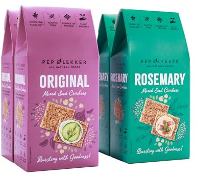 Pep & Lekker Gluten Free Crackers, Original & Rosemary (4 x 110g) | Gluten Free Seed Crackers, Plant Based, No Added Sugar, Healthy Gut, High Fibre, All Natural, Vegan, Snacking