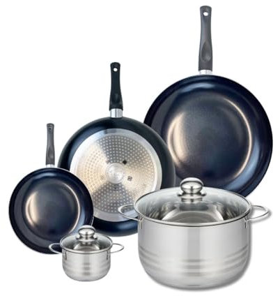 ELO 9747350 Kochgeschirr-Set, 5-teilig, 3 Bratpfannen 20, 28 und 32 cm, 2 Kochtöpfe 12 und 24 cm Elo Prima glänzend, Edelstahl, Induktion