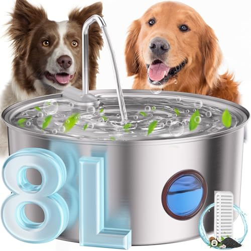 puppyspout Fontaine à eau pour chiens de grande taille - 8 l en acier inoxydable - Distributeur automatique de gamelles pour animaux de compagnie avec pompe ultra silencieuse/filtration quadruple pour