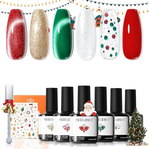 Modelones Christmas Gel Nail Polish Set, 6 Colors Cat Eye Red Green Glitter Gold Silver Winter Gel Polish Kit with Magnet Nail Stickers Soak Off Led Nail Art Manicure Salon DIY New Year Holiday Gifts