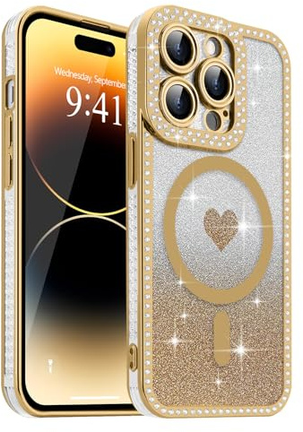 Urarssa Magnetic for iPhone 14 Pro Case Glitter, Gold | Removable Sparkly Card Clear Case with Bling Diamonds for Women Girls, Fit for MagSafe, Glossy Soft TPU Shockproof Cover
