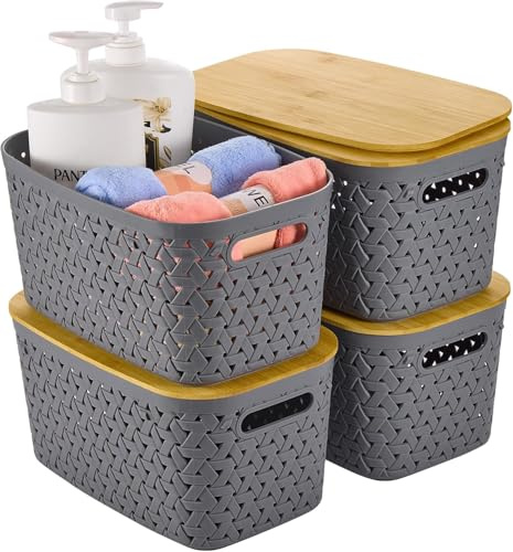 Sagittar 4er-Set Aufbewahrungsboxen mit Bambusdeckel, Kunststoff-Körbe mit Rattanoptik, Große Kapazität Aufbewahrungsbox für Couchtisch, Frisiertisch, Küche und Aufbewahrung von Spielzeug (Grau)