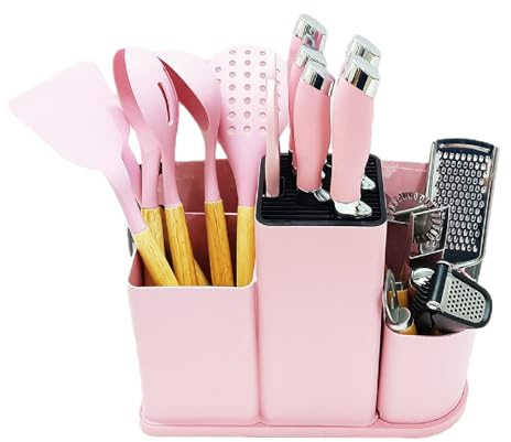 DANFFI 20-Piece Pink Kitchen Utensil Set – Silicone Cooking Tools with Wooden Handles, Knife & Scissor Set, Cutting Board, Grater & More – Non-Stick, BPA-Free Kitchen Gift Set