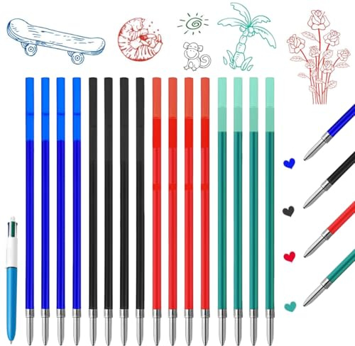 OIXYAZ 16 Stück Kugelschreiber Minen,für BIC 4 Farben Kugelschreiberminen 4 Colours, dokumentenechte Tinte, Kugeldurchmesser 1.0 mm