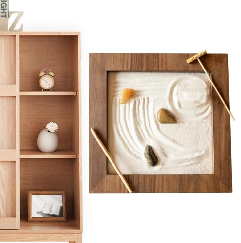 Zen-Garten-Set – Zen-Garten im Büro, aus Holz, Sandtablett, Retro-Meditationszubehör, Mini-Rechen und Steine, entspannendes Achtsamkeits-Set | Schreibtisch für Erleichterung