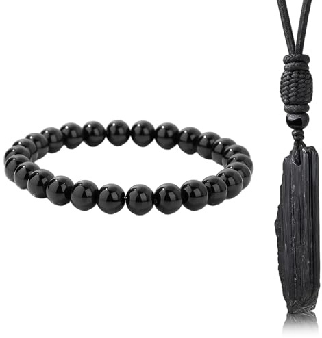 2er Set Schwarzer Turmalin – Halskette & Armband, Naturstein, Unikat | Echter schwarzer Turmalin-Rohstein als Halskette & Armband – natürliches Unikat, einstellbare Baumwollbänder.