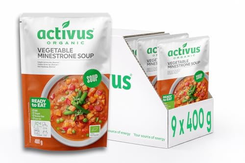 Activus Organic Minestrone Vegetable Soup Pouches 400g x 9 Pack, Ready Meals, Microwavable, Heat & Serve - Italian Style, Vegan, Dairy Free, Low Fat, Plant Based, Bulk Buy, Quick Lunch Or Dinner