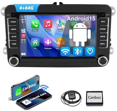 ESSGOO True 4+64G Autoradio Wireless CarPlay für VW Golf 5 6 Polo 6R Caddy | True 4+64G Android 15,Für VW Golf 5 6 Polo 6R Passat Caddy Seat,CarPlay Android Auto,Bluetooth GPS RDS Navi FM SWC