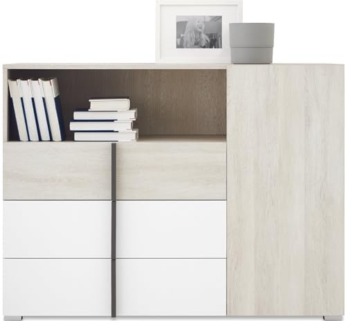 Masseno Kommode Bergamo 120 cm Sideboard mit 3 Schubladen und 1 Türen für Wohnzimmer Schlafzimmer Modern 120x40x90 cm Eichefarben/Eichefarben