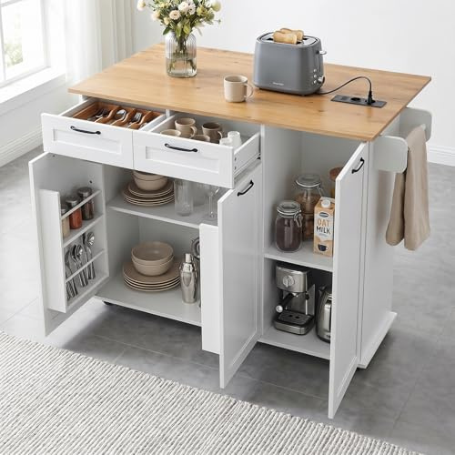 Songvas Isla de Cocina con Ruedas, Carro de Cocina con 2 Enchufes y 2 Puertos USB, Mueble de Cocina con Encimera Abatible, 119,5 x 44-74 x 94 cm, para Cocina y Comedor, Blanco