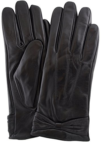 Ladies Butter Soft Premium Black Leather Glove with Bow, 3 Point Stitch Design & Warm Fleece Lining - Medium (7)