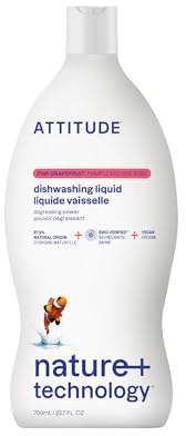 ATTITUDE Washing Up Liquid, EWG Verified, Plant-Based & Vegan Dish Soap, Naturally Derived, Pink Grapefruit Scent, 700 mL