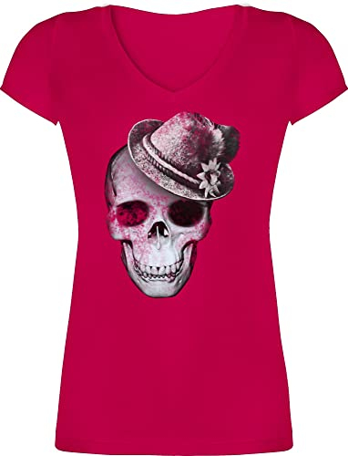 T-Shirt Damen V Ausschnitt - Kompatibel Oktoberfest - Totenkopf mit Filzhut - M - Fuchsia - mädchen trachtenshirt Trachten-Tshirt bayrische Skull Tshirt Shirt trachtenshirts bayrisch bayernhut