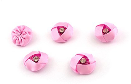 Blumen 3cm x 5 Stück Aufnäher Stoffblumen klein zum Basteln Haarschmuck Deko Satinrosen Rosenköpfe Rosen mit Strass Farbe: Rosa