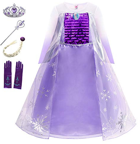 Eleasica Petites Filles Robe Longue Déguisements Manches Longues Princesse Elsa Reine des Neiges Costume et Accessoires Diadème Gants Baguette Magique et Tresse Bleu Robe de Soirée, Violet, 130