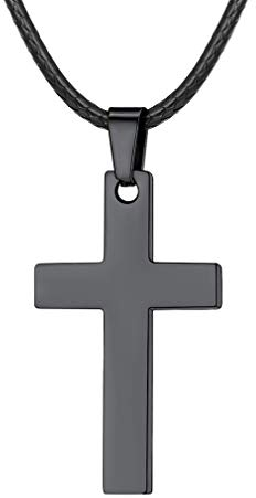 Edelstahl Kreuz Kette Herren Schwarz mit Leder Kette Länge von 55 bis 66cm