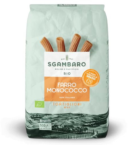 Sgambaro Pasta Bio Tortiglioni N.89 - 500 g Pasta con Farina di Farro Monococco - Ricca di Antiossidanti, Vitamine e Minerali - Basso Contenuto di Glutine