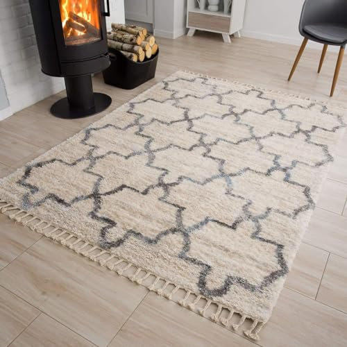TAPISO Versay Teppich Creme Grau Fransen Shaggy Modern Hochflor Geometrisch Marokkanisch Gitter Langflor Wohnzimmer Schlafzimmer ÖKOTEX 120 x 170 cm