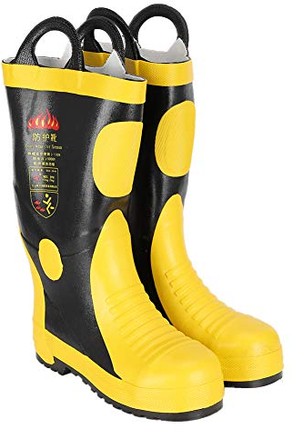 Qkiss Stivali Antinfortunistici in Gomma antincendio Scarpe Impermeabili Resistenti alle Alte Temperature Protezione antincendio, Disponibile nelle Taglie, Nero, con Una Striscia Gialla.(42)