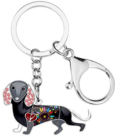 WEVENI Porte-clés teckel en alliage émaillé pour femme et fille, Teckel noir, 33mm x 47mm