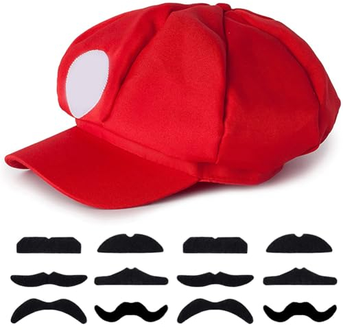 Nesloonp Party Deko, Mrio Mütze, Klassische Cappy Cap, für Fasching, Karneval/Cosplay, Kostüm für Erwachsene & Kinder, 12 Klebe-Bart