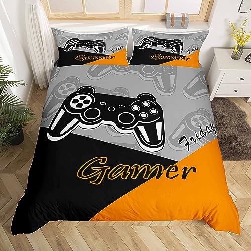 Gamer Duvet Cover Set Gaming Bedding Set for Teens Boys Video Game Decor Comforter Cover Game Controller Quilt Cover 1 Duvet Cover with 2 Pillowcases Double Orange