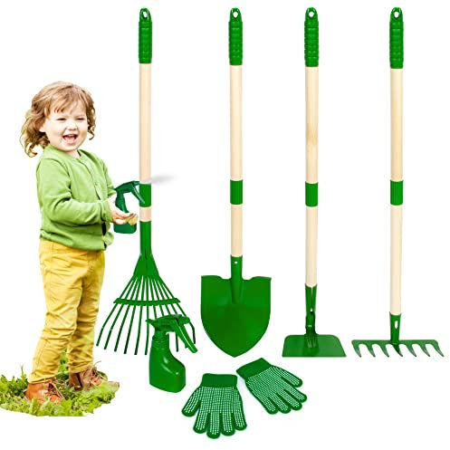 Duckura Set di attrezzi da giardinaggio per bambini, 7 pezzi, con pala, rastrello, zappa, rastrello, rastrello, rastrello, giardino, giardino, scavare, erbacce, giocattoli, regali di Natale e