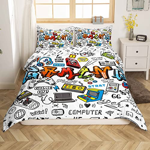 Loussiesd Gamer Bedding Set Multi-color Graffiti Gamepad Duvet Cover Video Game Reversible Comforter Cover Set for Young Man Kids Teens Boys, Room Decor Youth 3Pcs Double Beddiing with 2 Pillow Case